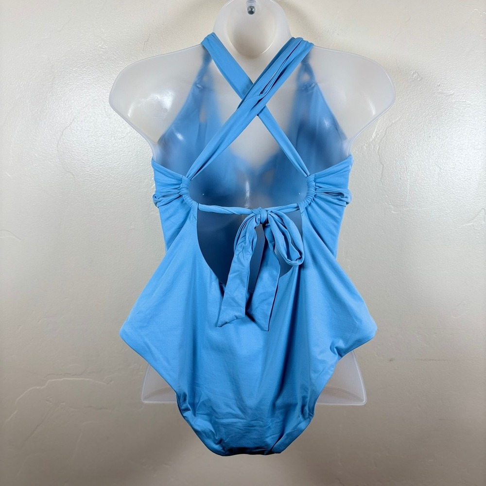 Becca Helena Plunge One-Piece Swimsuit Coastline Blue Vacation Beach Cruise Sz L - Picture 4 of 10